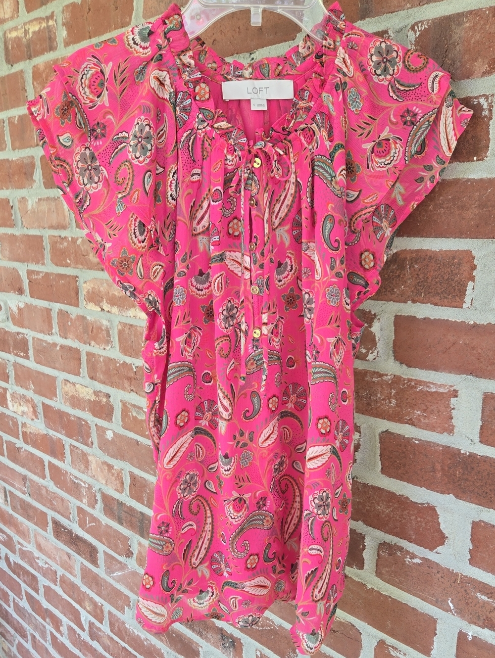 LOFT Hot Pink Paisley Tie-Neck Flutter Sleeve Blouse